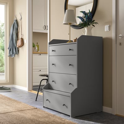HAUGA grey chest with 4 drawers, laminate finish. Taller drawer unit to left, smaller to right.