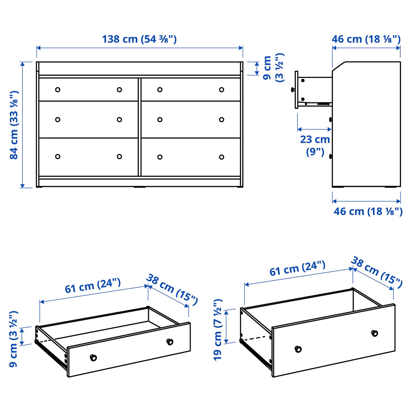 HAUGA 6-drawer dresser, white, 543/8x181/8x331/8
