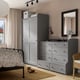 HAUGA bedroom: grey wardrobe, dresser, mirror, lamp, wicker chair