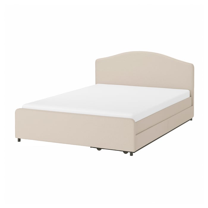 HAUGA Upholstered bed, 2 storage boxes , Lofallet beige, Queen IKEA