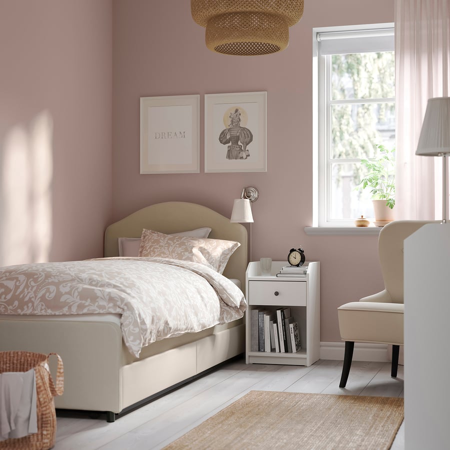 HAUGA upholstered bed, 2 storage boxes , Lofallet beige, Twin IKEA