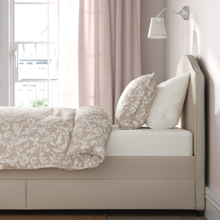 HAUGA upholstered bed, 2 storage boxes , Lofallet beige, Twin IKEA