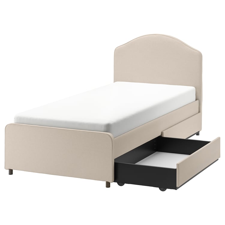HAUGA upholstered bed, 2 storage boxes , Lofallet beige, Twin IKEA
