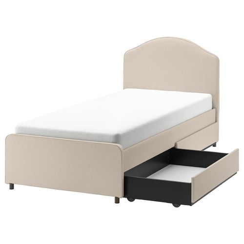 HAUGA upholstered bed, 2 storage boxes , Lofallet beige, Twin IKEA