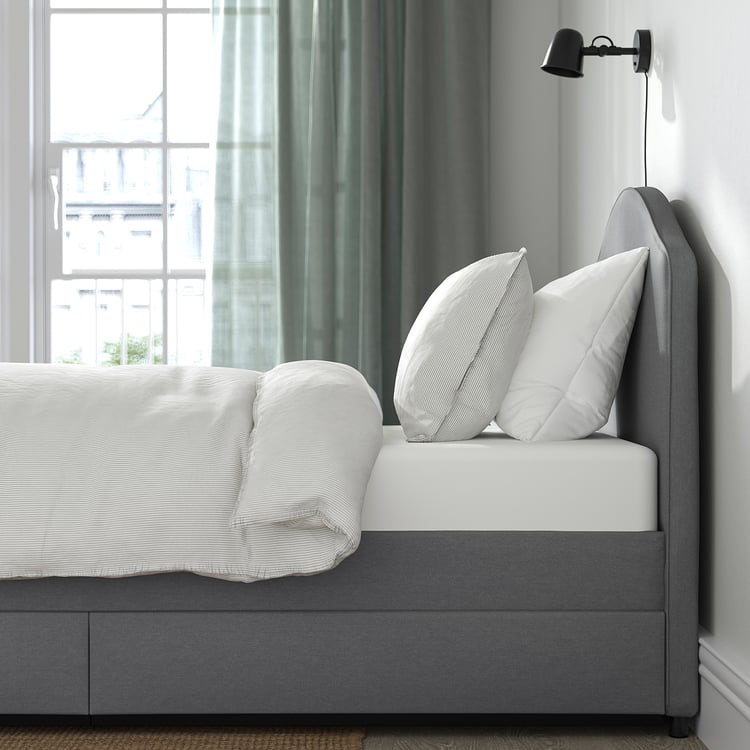 HAUGA upholstered bed, 2 storage boxes , Vissle gray, Twin IKEA