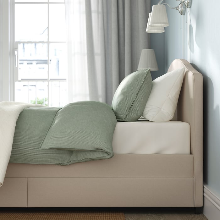 HAUGA upholstered bed, 4 storage boxes , Lofallet beige, Queen IKEA