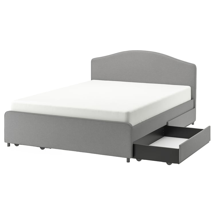 HAUGA upholstered bed, 4 storage boxes , Vissle gray, Queen IKEA
