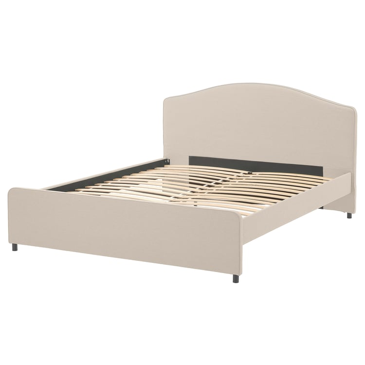 HAUGA Upholstered bed frame, Lofallet beige, Queen IKEA