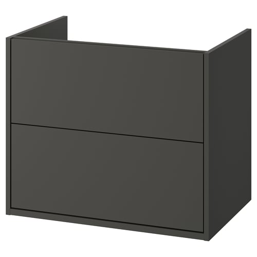 This image depicts a dark grey, wall-mounted bathroom cabinet with two drawers. It a sleek, modern design with no visible handles and a smooth finish.