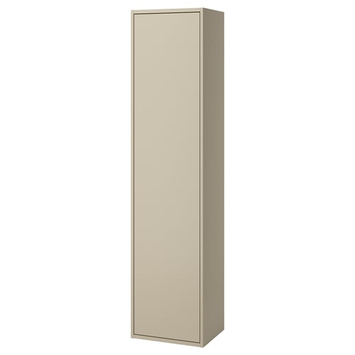 Havbaeck beige tall bathroom cabinet. Slim, rectangular, wall-mount design.