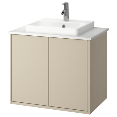 HAVBÄCK / ORRSJÖN Bathroom vanity w doors/sink/faucet, beige/white marble effect, 31x21 1/2x28 3/8 "