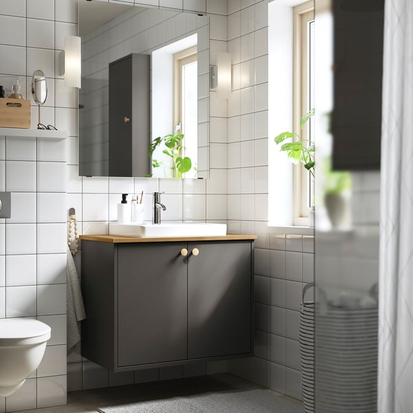 HAVBÄCK / ORRSJÖN Bathroom vanity w doors/sink/faucet, dark gray/bamboo, 31x21 1/2x28 3/8 "