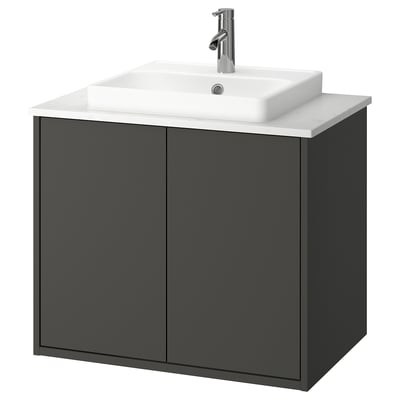 HAVBÄCK / ORRSJÖN Bathroom vanity w doors/sink/faucet, dark gray/white marble effect, 31x21 1/2x28 3/8 "