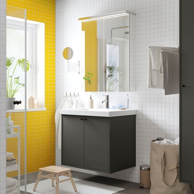 HAVBÄCK / ORRSJÖN Bathroom vanity w doors/sink/faucet, dark gray, 31x21 3/4x27 5/8 "