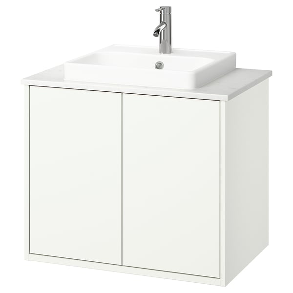 HAVBÄCK / ORRSJÖN Bathroom vanity w doors/sink/faucet, white/white marble effect, 31x21 1/2x28 3/8 "