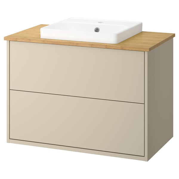 Havbaeck vanity: beige, bamboo top, 2 drawers, rectangular sink.