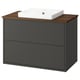 HAVBÄCK modern bathroom cabinet, dark grey with wooden top, white ceramic sink, two drawers.