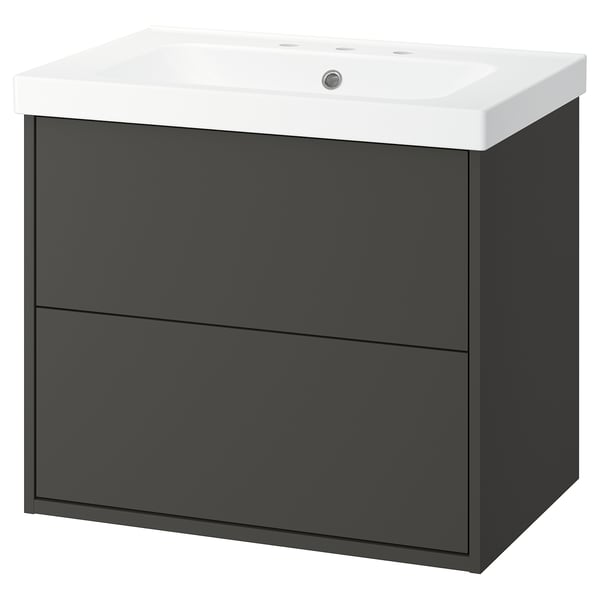HAVBÄCK dark grey bathroom vanity with 2 drawers and white basin.