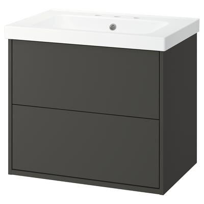 HAVBÄCK dark grey bathroom vanity with 2 drawers and white basin.