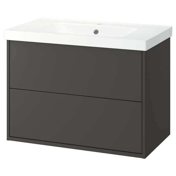 Modern dark grey bathroom vanity with 2 drawers and white basin top, sleek and minimalist design.