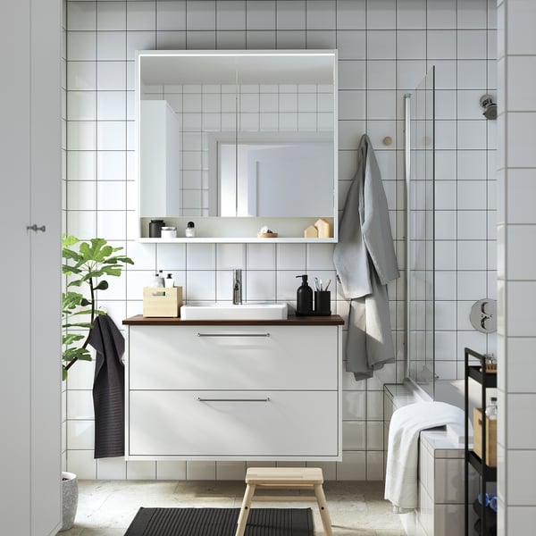 HAVBÄCK / ORRSJÖN Bathroom vanity w/ drawers and sink, white/brown walnut effect, 37x21 1/2x28 3/8 "