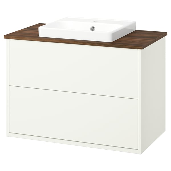 HAVBÄCK sink unit: white cabinet, wood top, rectangular basin.