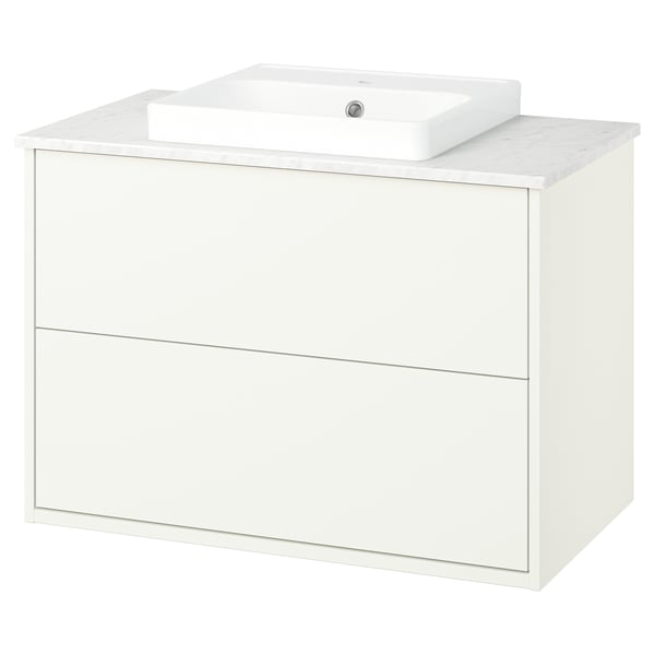 HAVBÄCK vanity: white, wall-mounted, marble countertop, square basin.