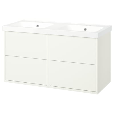 HAVBÄCK white bathroom vanity, double sink, ceramic basin, modern design.