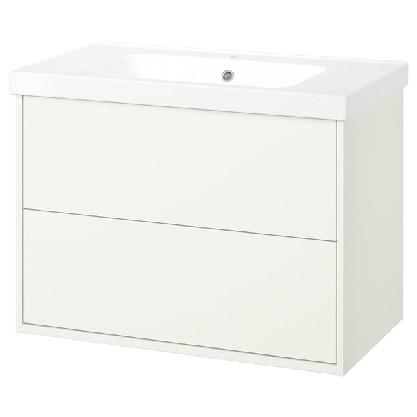 HAVBÄCK white bathroom vanity, sleek design with 2 drawers, ceramic sink, wall mount.