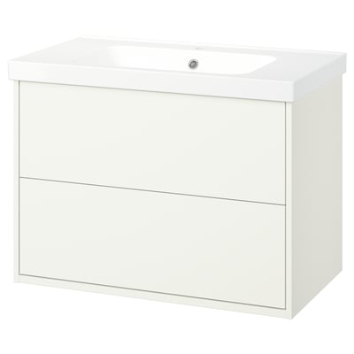 HAVBÄCK white bathroom vanity, sleek design with 2 drawers, ceramic sink, wall mount.