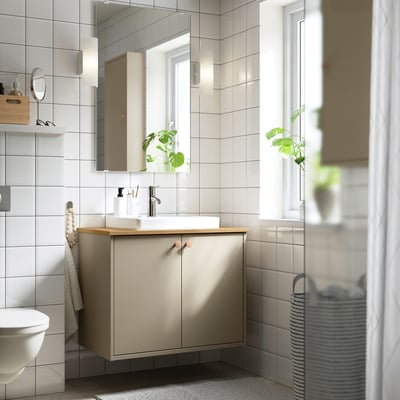 HAVBÄCK / ORRSJÖN Bathroom vanity with doors and sink, beige/bamboo, 31x21 1/2x28 3/8 "