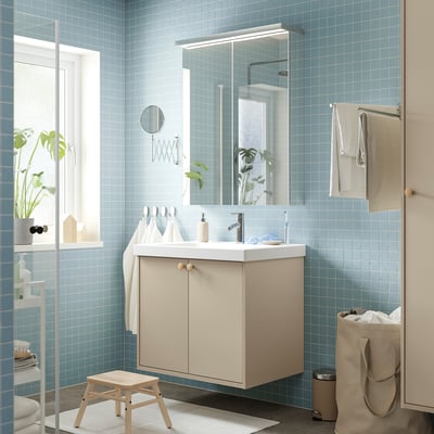 HAVBÄCK / ORRSJÖN Bathroom vanity with doors and sink, beige, 31x21 3/4x27 5/8 "