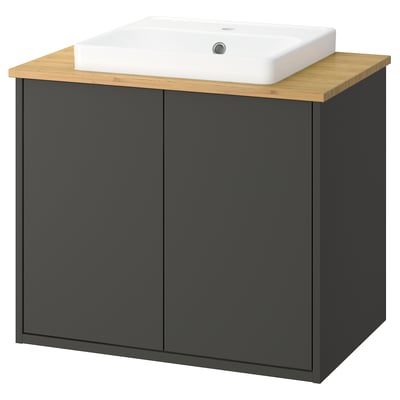 Modern grey and bamboo bathroom vanity with square white sink.