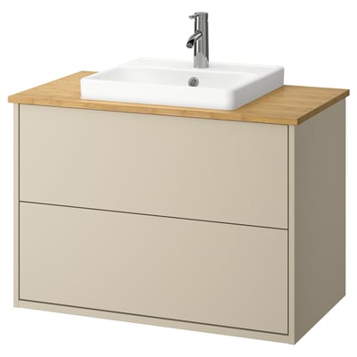 HAVBÄCK / ORRSJÖN Bathroom vanity with sink & faucet, beige/bamboo, 37x21 1/2x28 3/8 "