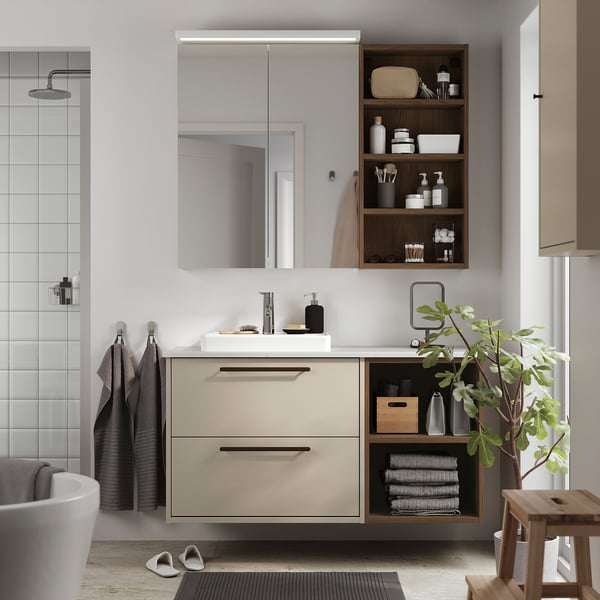 HAVBÄCK / ORRSJÖN Bathroom vanity with sink & faucet, beige/brown oak effect/white marble effect, 49x21 1/2x28 3/8 "