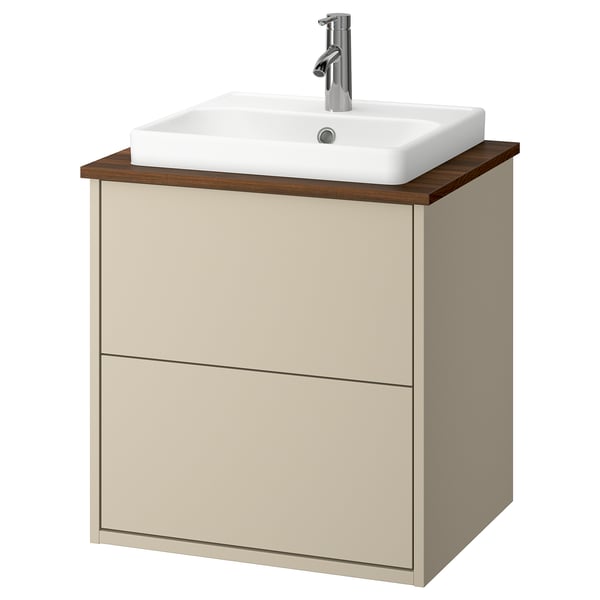HAVBÄCK / ORRSJÖN Bathroom vanity with sink & faucet, beige/brown walnut effect, 25x21 1/2x28 3/8 "