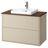 HAVBÄCK / ORRSJÖN Bathroom vanity with sink & faucet, beige/brown walnut effect, 37x21 1/2x28 3/8 "