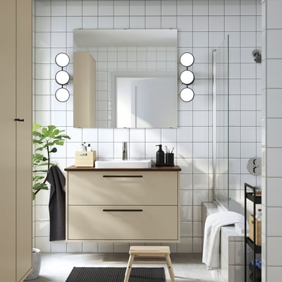 HAVBÄCK / ORRSJÖN Bathroom vanity with sink & faucet, beige/brown walnut effect, 37x21 1/2x28 3/8 "