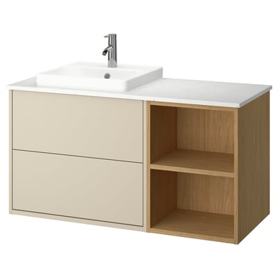 HAVBÄCK / ORRSJÖN Bathroom vanity with sink & faucet, beige/oak effect/white marble effect, 49x21 1/2x28 3/8 "