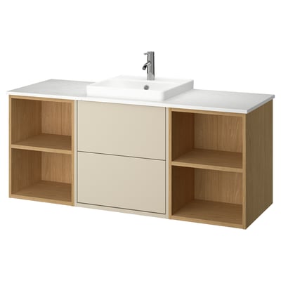 HAVBÄCK / ORRSJÖN Bathroom vanity with sink & faucet, beige/oak effect/white marble effect, 61x21 1/2x28 3/8 "