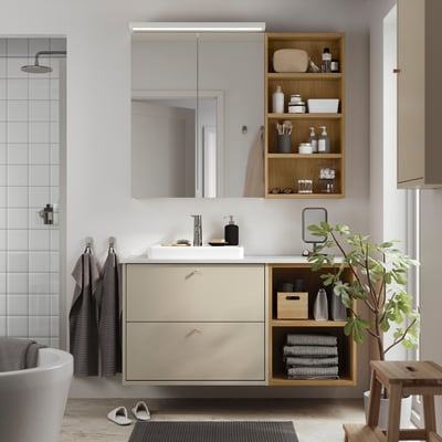 HAVBÄCK / ORRSJÖN Bathroom vanity with sink & faucet, beige/oak effect/white marble effect, 49x21 1/2x28 3/8 "