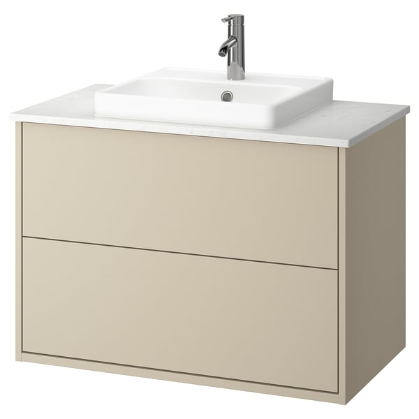 HAVBÄCK / ORRSJÖN Bathroom vanity with sink & faucet, beige/white marble effect, 37x21 1/2x28 3/8 "