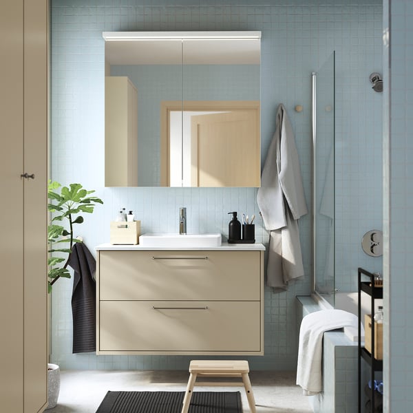HAVBÄCK / ORRSJÖN Bathroom vanity with sink & faucet, beige/white marble effect, 37x21 1/2x28 3/8 "