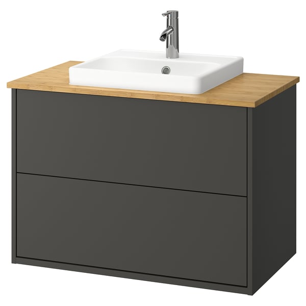 HAVBÄCK / ORRSJÖN Bathroom vanity with sink & faucet, dark gray/bamboo, 37x21 1/2x28 3/8 "