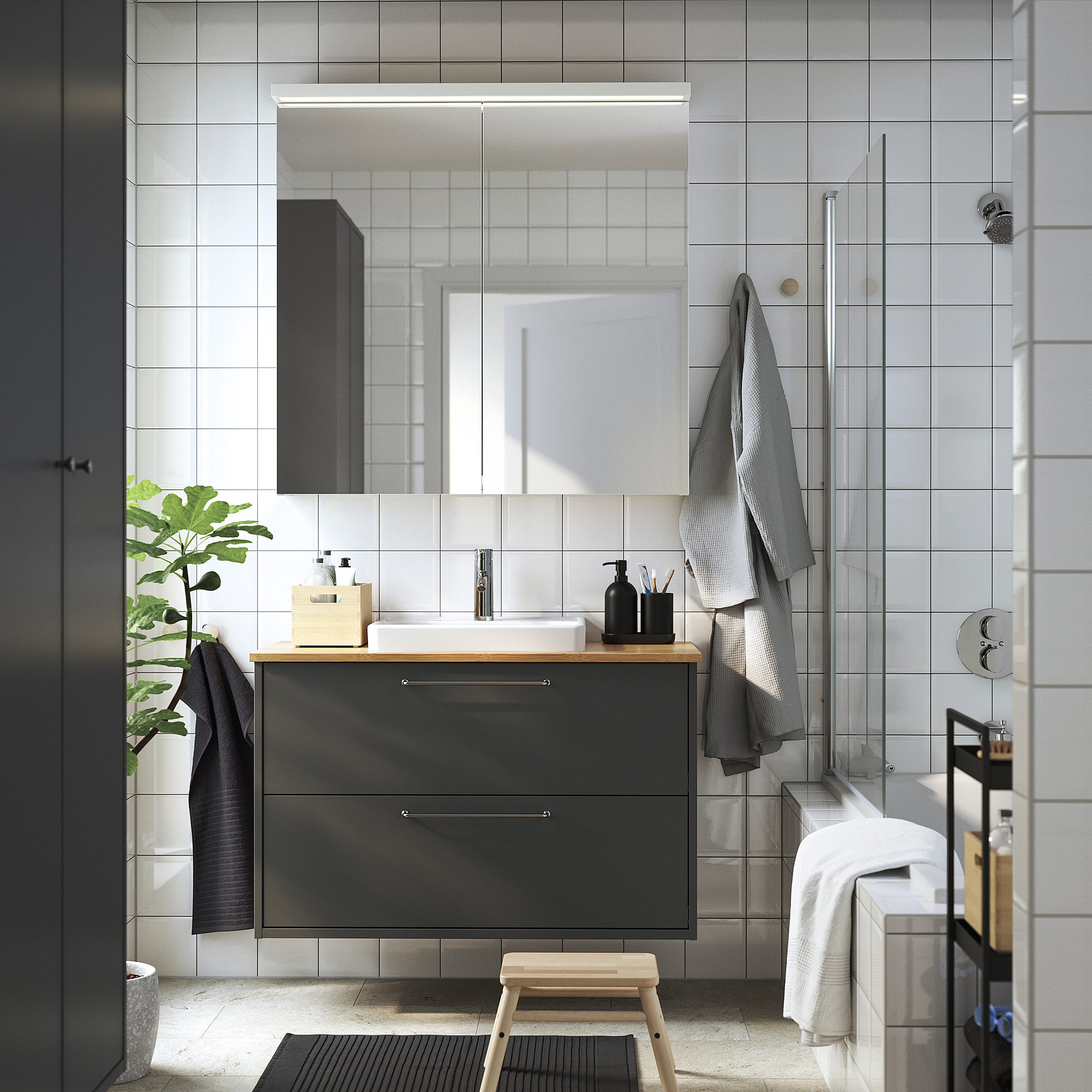 HAVBÄCK / ORRSJÖN Bathroom vanity with sink & faucet, dark gray/bamboo, 37x21 1/2x28 3/8 "
