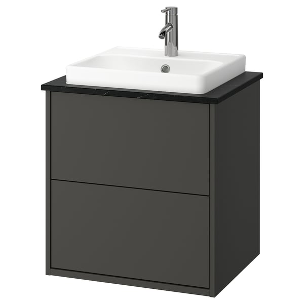 HAVBÄCK / ORRSJÖN Bathroom vanity with sink & faucet, dark gray/black marble effect, 25x21 1/2x28 3/8 "