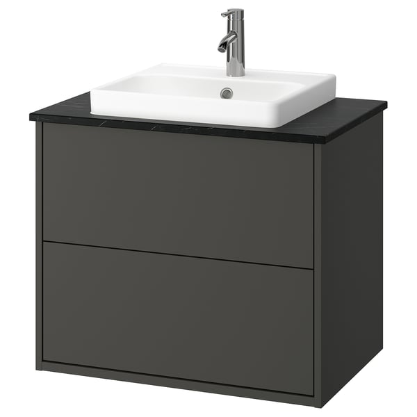HAVBÄCK / ORRSJÖN Bathroom vanity with sink & faucet, dark gray/black marble effect, 31x21 1/2x28 3/8 "