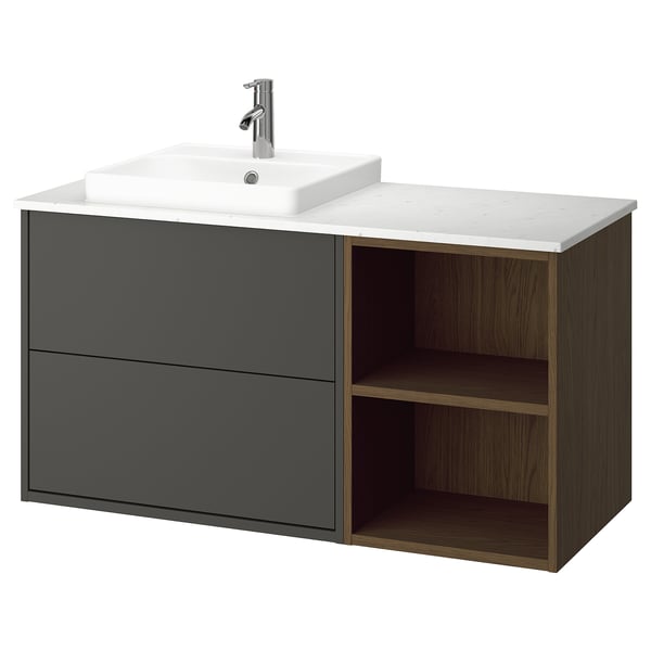 HAVBÄCK / ORRSJÖN Bathroom vanity with sink & faucet, dark gray/brown oak effect/white marble effect, 49x21 1/2x28 3/8 "