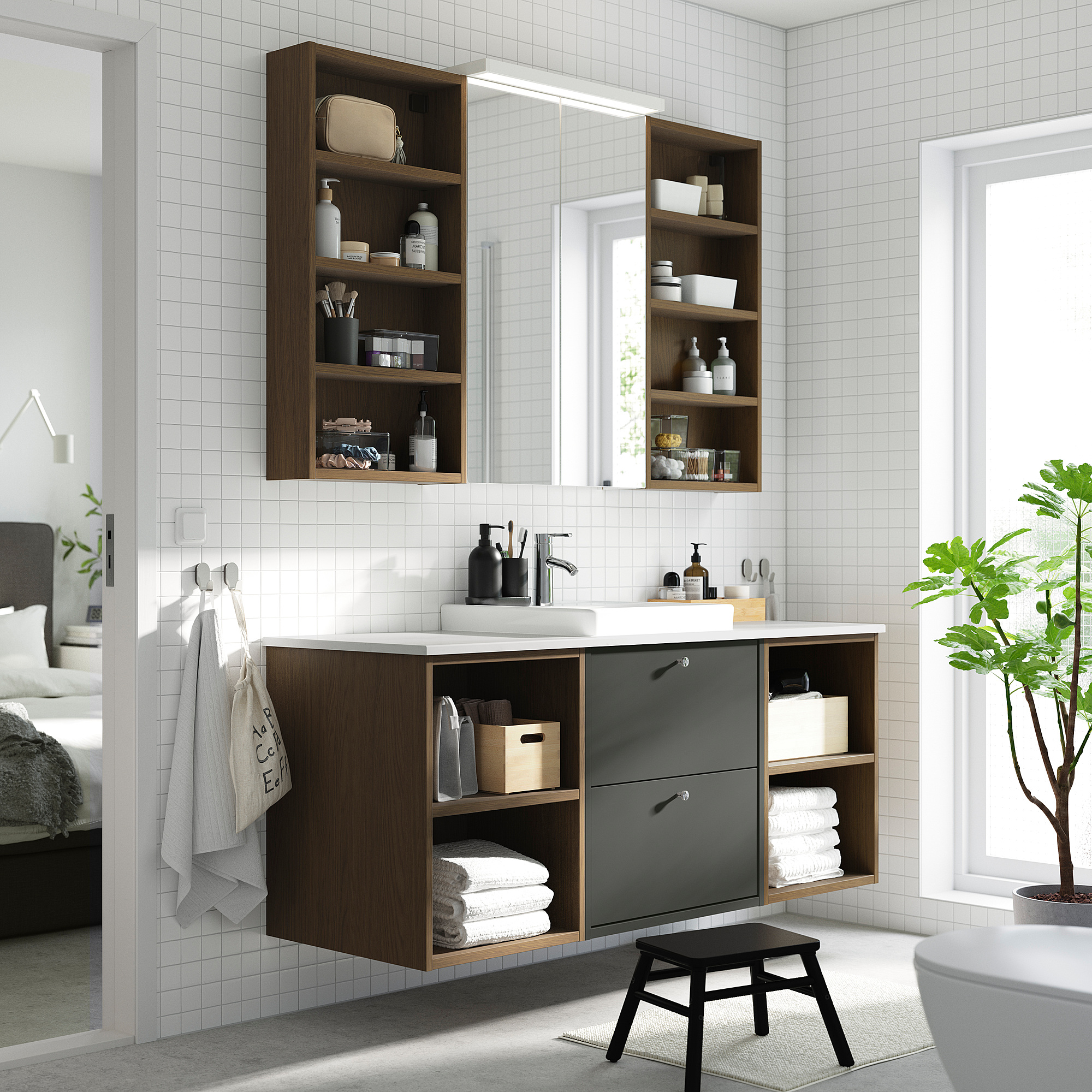 HAVBÄCK / ORRSJÖN Bathroom vanity with sink & faucet, dark gray/brown oak effect/white marble effect, 61x21 1/2x28 3/8 "