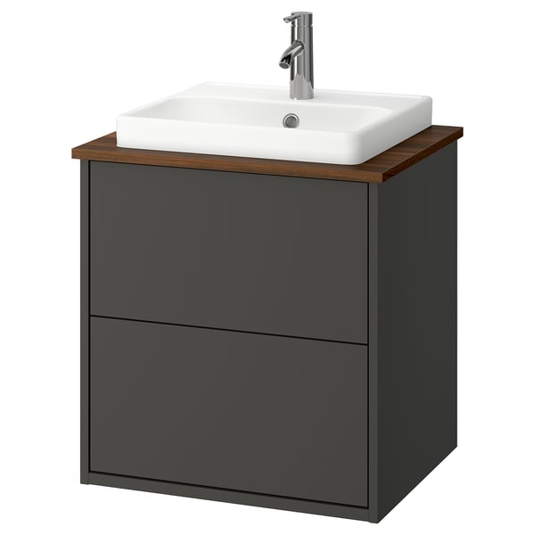HAVBÄCK / ORRSJÖN Bathroom vanity with sink & faucet, dark gray/brown walnut effect, 25x21 1/2x28 3/8 "